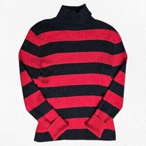 Y2K Red Black Stripe Glitter Metallic Ribbed Knit Turtleneck Sweater Size Medium